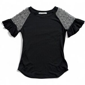 Black Pearl Embellished Mesh Sleeve Top | Size S/M | Elegant & Edgy